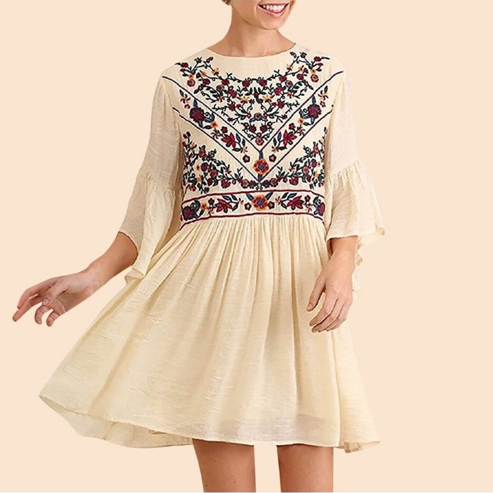 Umgee Boho Bliss Embroidered Bell Sleeve Fit & Flare Dress Womens Size Medium